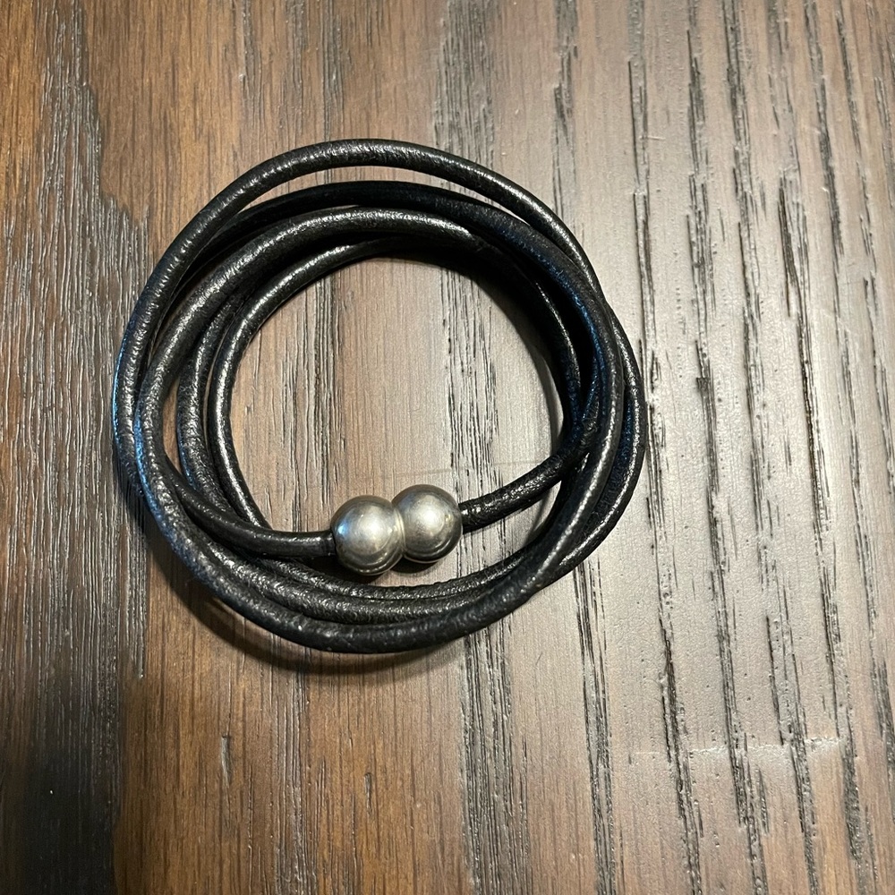 Black Leather and Sterling Silver Bracelet